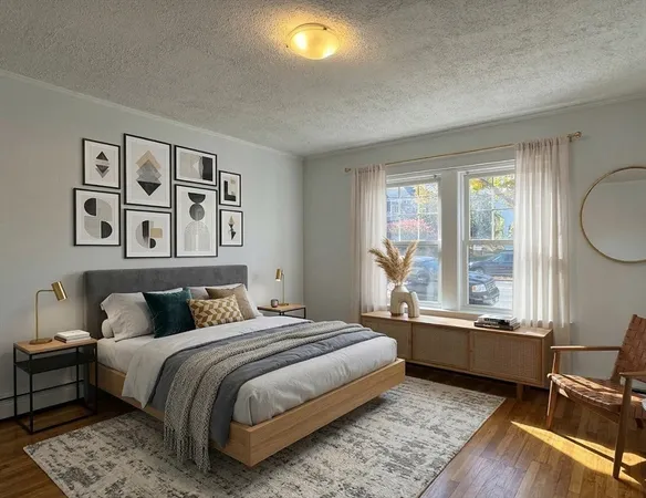 a bedroom with a large bed and a window