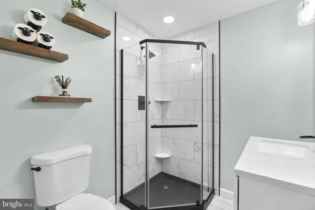 a bathroom with a shower and a toilet
