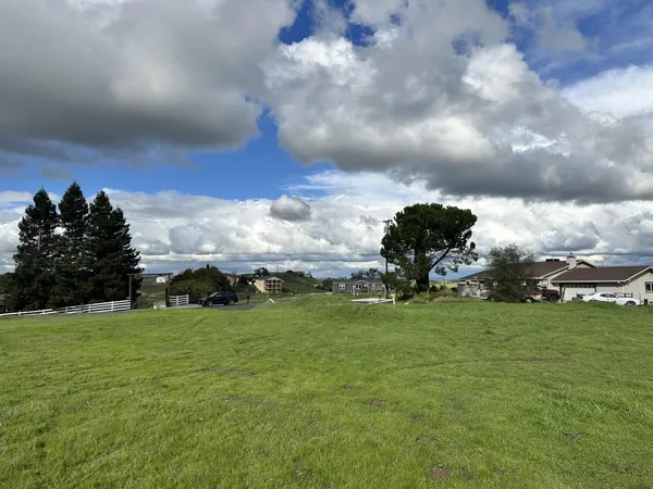 a view of a field with an trees in the background