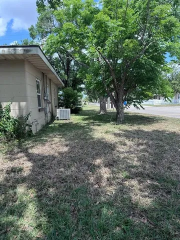a view of a park with large trees