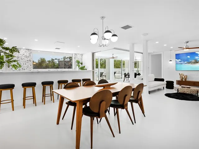 a large white kitchen with a large window