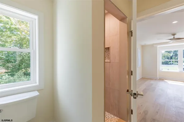 a view of a bathroom with a shower