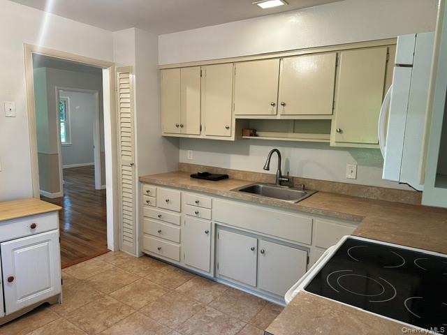 97 Cold Spring Road Stanfordville, NY 12581 - Photo 7 of 16 Functional kitchen featuring ample cabinetry, a stainless steel sink with a gooseneck faucet, an electric cooktop, a built-in microwave, and tile flooring