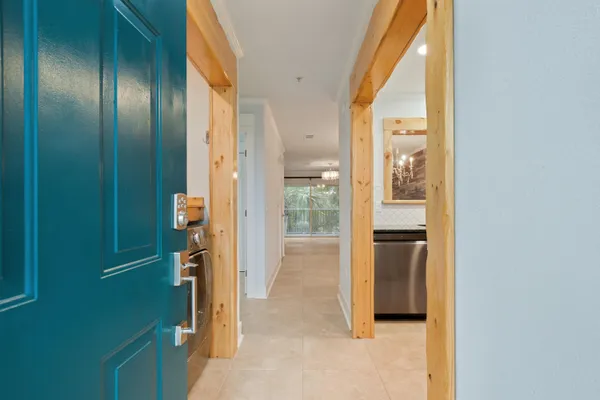 a view of a bathroom from a hallway