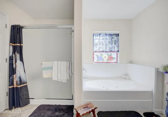a bathroom with a bathtub and a shower