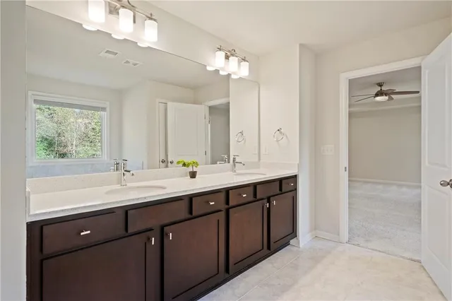 a bathroom with a double vanity sink a mirror and a shower