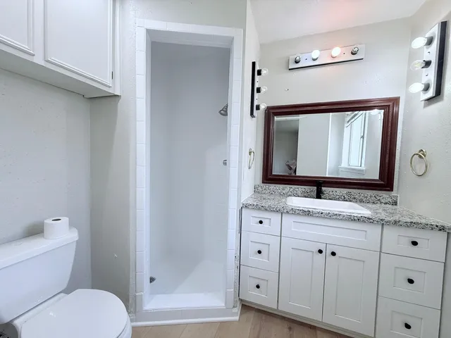 a bathroom with a granite countertop toilet sink and mirror