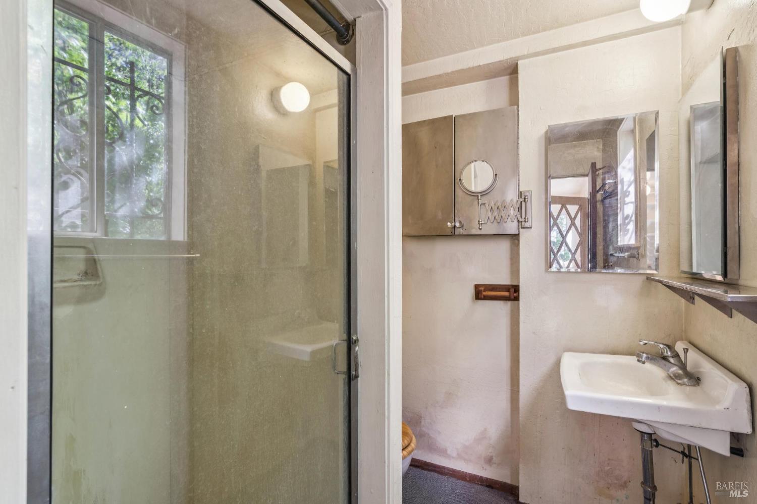 14595 Drake Road Guerneville, CA 95446 - Photo 11 of 25 a bathroom with a sink a mirror and a shower