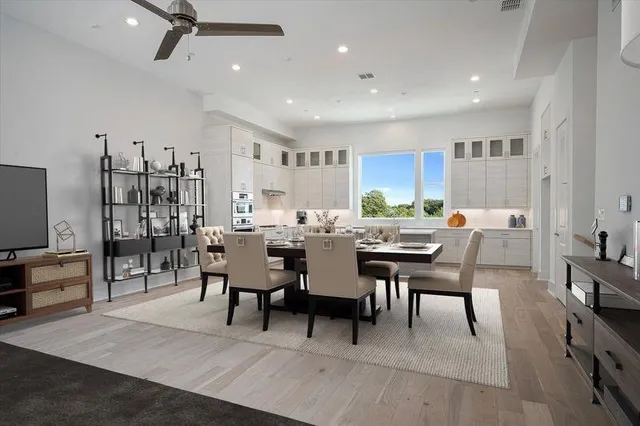 a view of a dining room with furniture