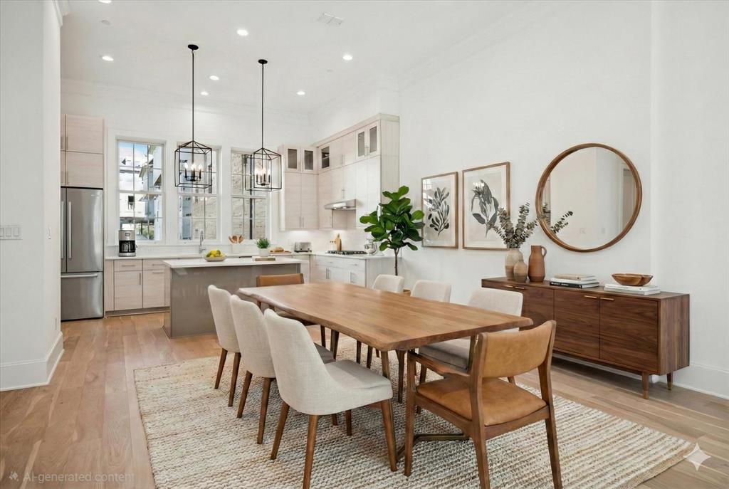 4066 Oak Circle Addison, TX 75001 - Photo 3 of 31 a dining room with furniture a chandelier and wooden floor