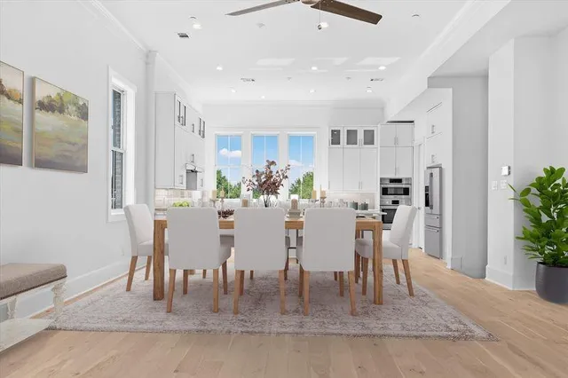 a view of a dining room with furniture