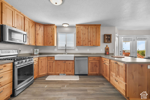 1045 West 3600th South Perry, UT 84302 - Photo 13 of 57 U-shaped kitchen with wood cabinetry, stainless steel appliances, a farmhouse sink, and wood-finish flooring