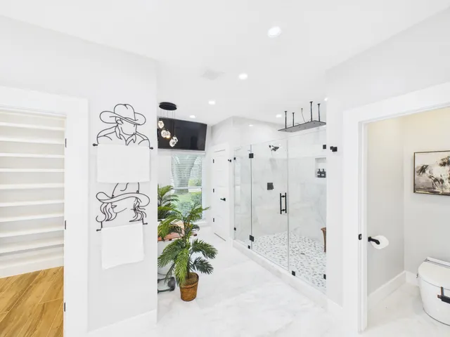 a view of spacious bathroom with a potted plant