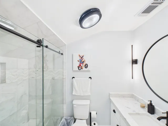 a bathroom with a sink a toilet and a mirror