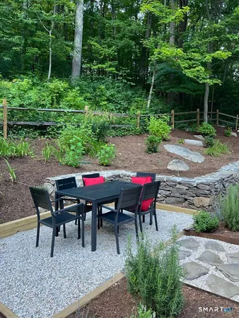 a backyard of a house with table and chairs