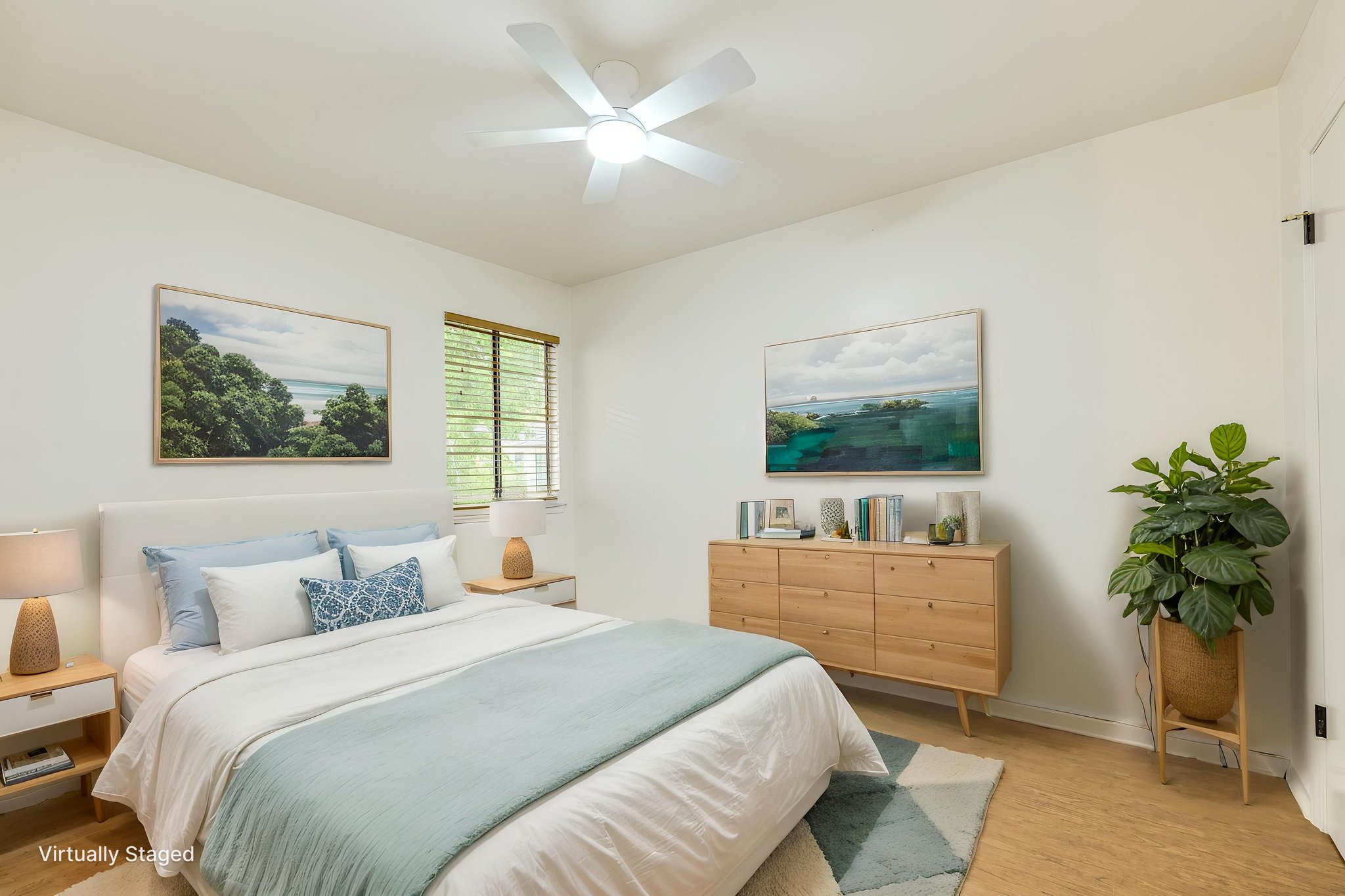 2500 Enfield Road, Unit 9 Austin, TX 78703 - Photo 16 of 26 *Virtually Staged *Well-lit bedroom featuring light-toned flooring, a window with horizontal blinds, a ceiling fan, and white walls