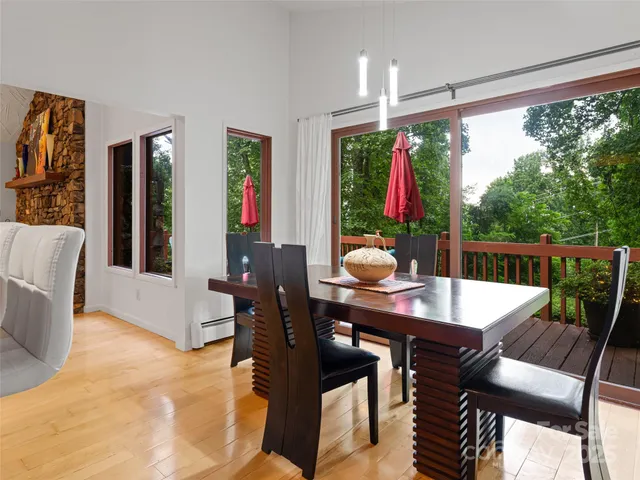 a view of a dining room with furniture window and outside view
