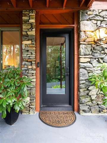 a view of front door of house with a potted plant