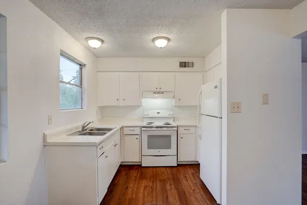 a kitchen with a stove a sink and a refrigerator
