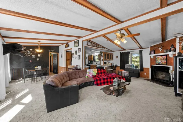 a living room with furniture a fireplace and a floor to ceiling window