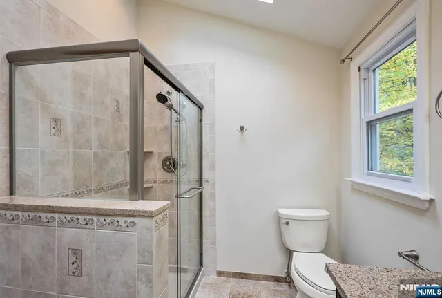 a bathroom with a shower a toilet and a window