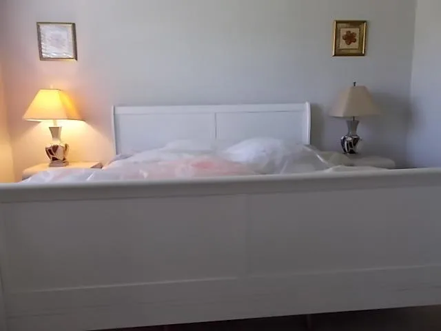 a bedroom with a bed and a lamp