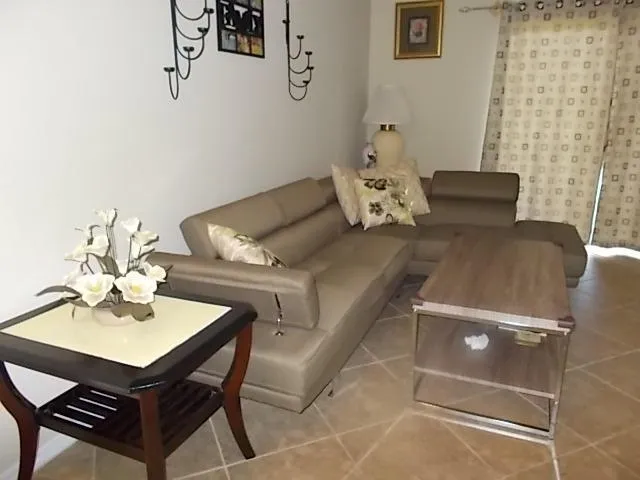 a view of a dining room with furniture and a potted plant