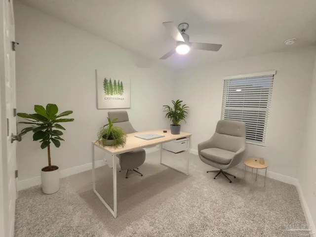 a view of a livingroom with furniture and a potted plant