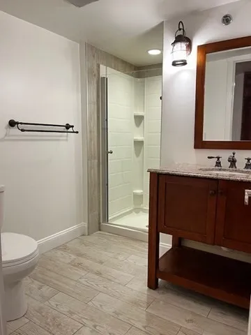 a bathroom with a sink a toilet and shower