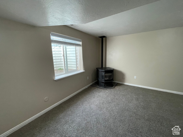 11473 South Dempsey Creek Road Lava Hot Springs, ID 83246 - Photo 22 of 47 Unfurnished living room featuring a wood stove, carpet, and a textured ceiling