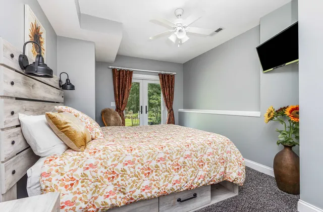 an aerial view of residential houses with outdoor space and trees