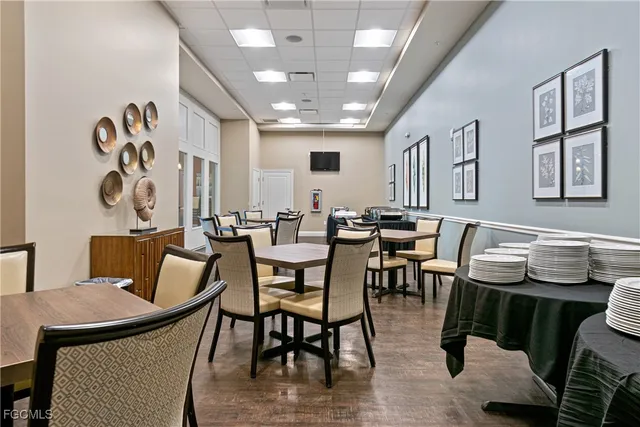 a view of a dining room with furniture