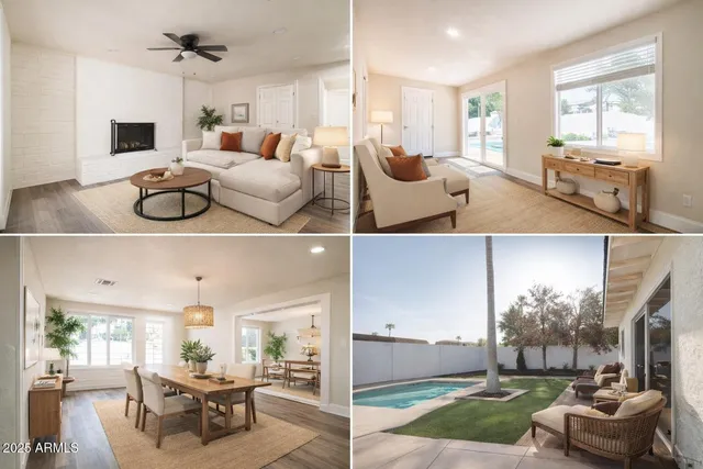 a view of living room filled with furniture and a large window
