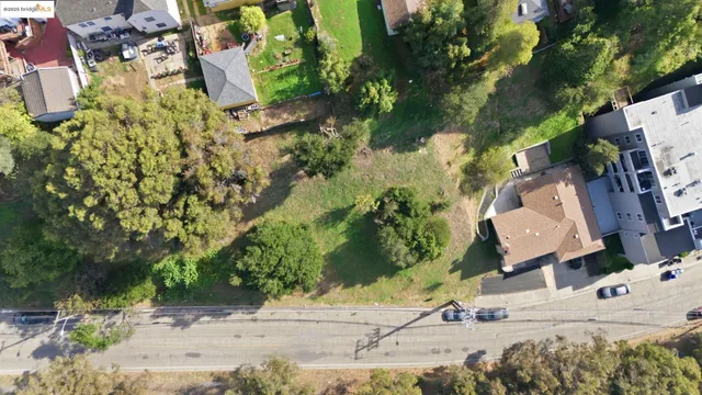 an aerial view of a house with a yard and large trees