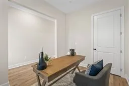 a living room with furniture and a potted plant