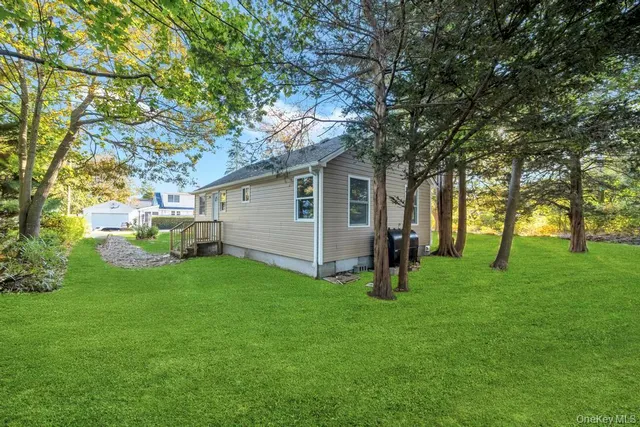 a view of a backyard with large trees