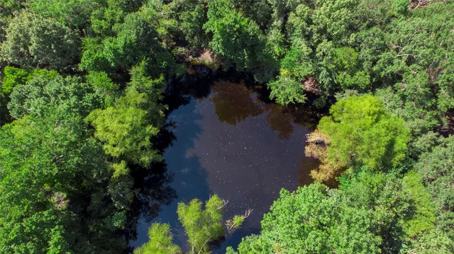 an aerial view of a house with a yard and garden