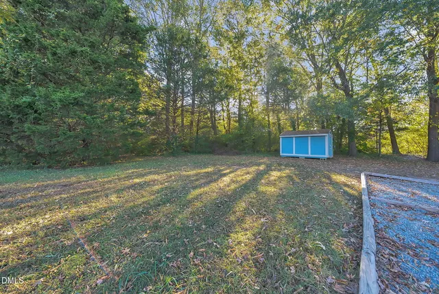 a view of a backyard with large trees
