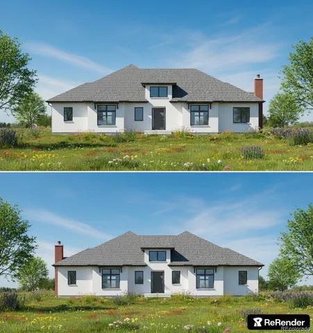 a house view with a swimming pool and garden