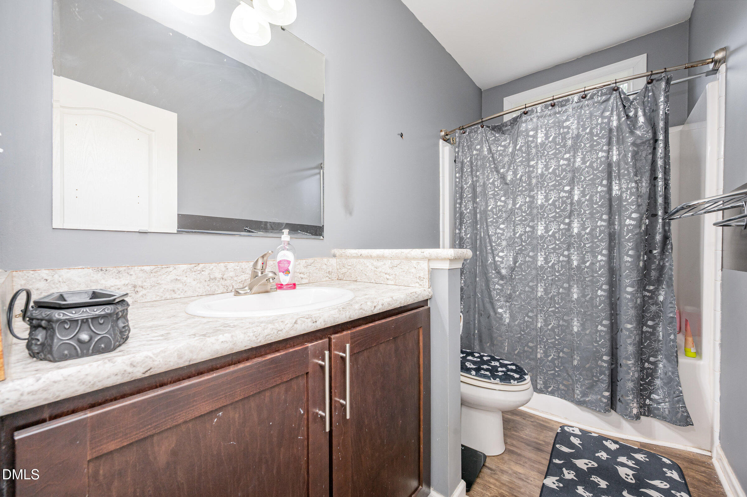 11801 Burlington Road Hurdle Mills, NC 27541 - Photo 21 of 32 a bathroom with a granite countertop sink a toilet a shower and a mirror