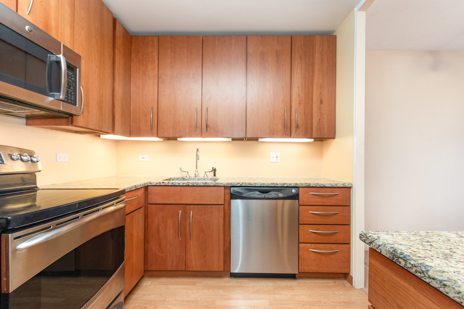 5445 North Sheridan Road, Unit 2306 Chicago, IL 60640 - Photo 12 of 25 a kitchen with granite countertop stainless steel appliances and cabinets