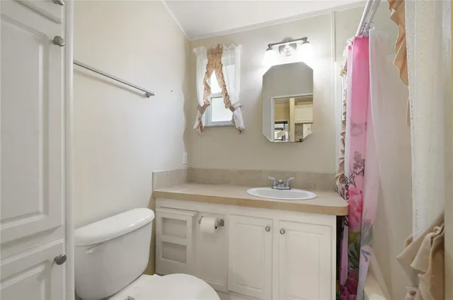 a bathroom with a sink vanity and toilet