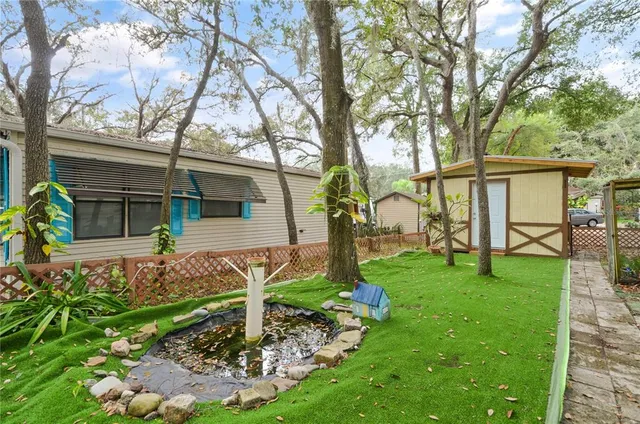 a view of a house with backyard and a tree