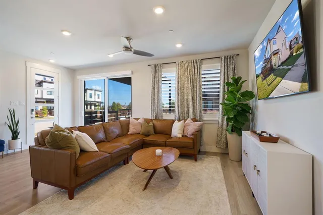 an aerial view of a building with outdoor space