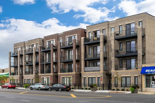 a front view of a multi story building