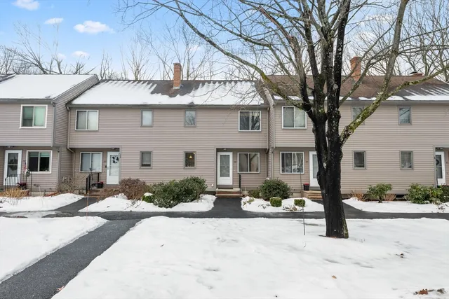 a view of a white house with a large tree