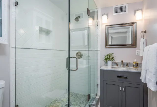 a bathroom with a sink a mirror a vanity and shower