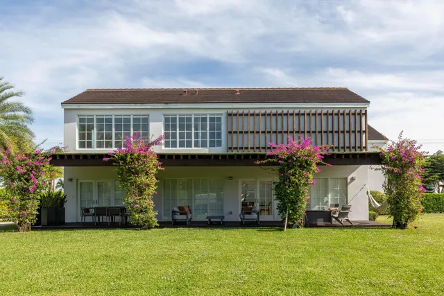 a view of a house with potted plants and a yard