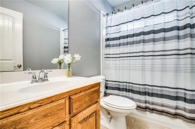 a bathroom with a sink a toilet and shower curtain