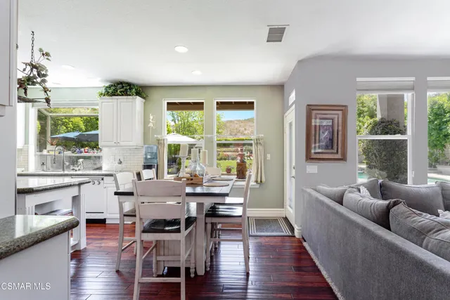 a view of a dining room with furniture window and wooden floor